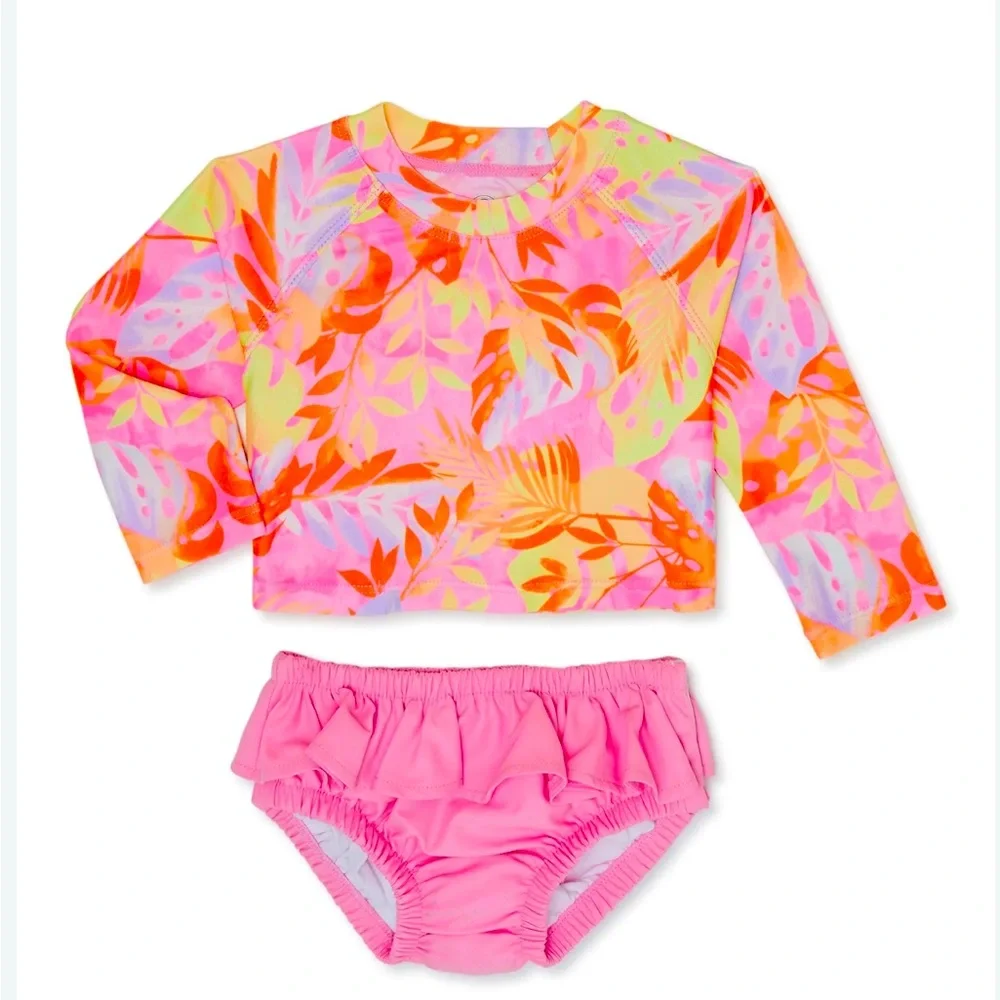 Wonder Nation Tropical Rash Guard Swimsuit Set Girls 18M Pink NWT Two Piece CUTE
